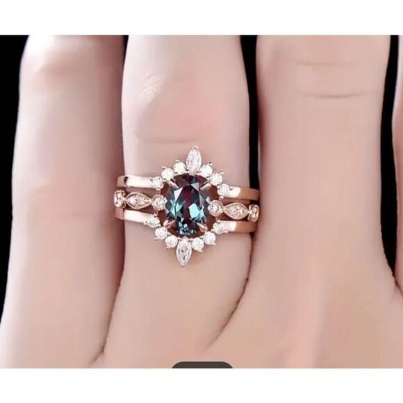 3 PC Alexandrite Engagement Ring Set Wedding Rose Gold Fashion Metal Unknown 7 - Picture 4 of 4